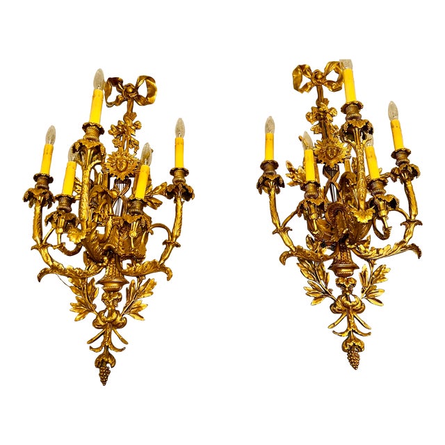 1990s Pair of Gold Colored Metal Hard Wired Sconces With 5 Candelabras For Sale
