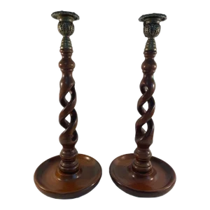 English Vintage Open Barley Twist Candlesticks - a Pair