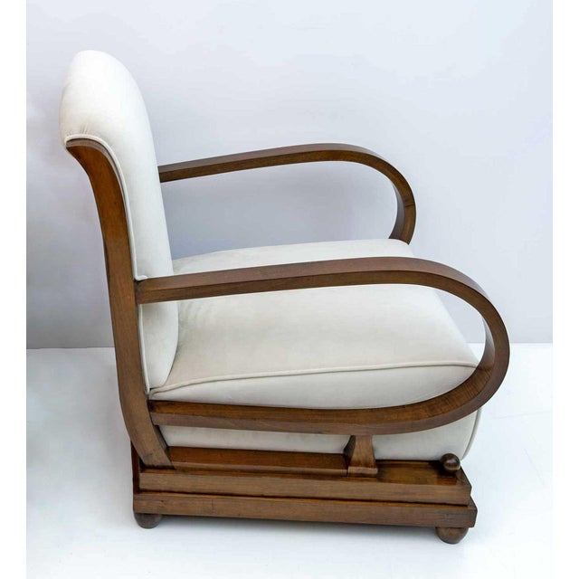 Art Deco Italian Walnut and Velvet Sofa, Armchair, and Ottoman, 1920s, Set of 3 For Sale - Image 10 of 13