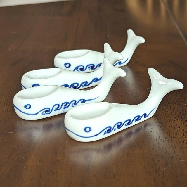 Vintage Porcelain Smiling Whale Salt Cellars Open Salt Pinch Dish for Table Setting- Set of 4 For Sale In San Diego - Image 6 of 13