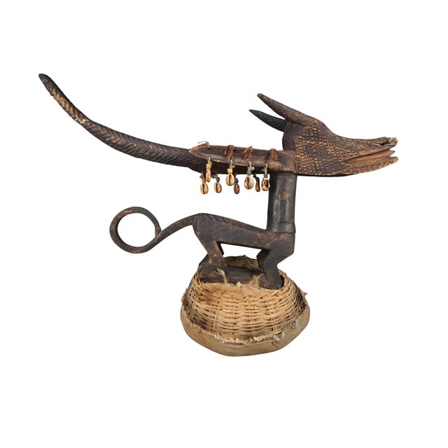 Tribal Early 20th Century Bamana Horizontal Chi Wara Antelope Headdress With Basket Cap For Sale - Image 3 of 9