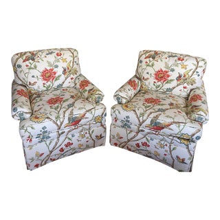 Charles Stewart Floral, Bird Upholstered Club Chairs - a Pair For Sale