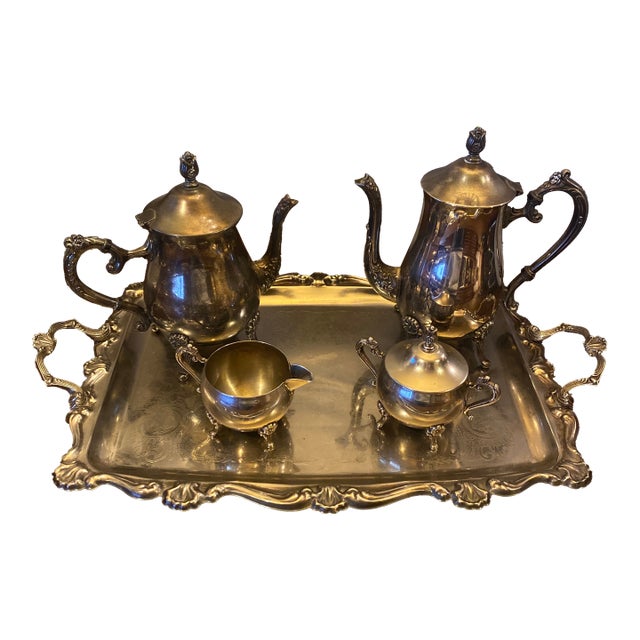 Vintage Tea and Coffee Silver-Plated Matching 5 Piece Service Set With Tray For Sale