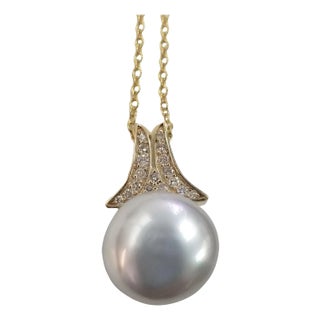 14k Yellow Gold "Keshi" Pearl and Diamond Pendant For Sale