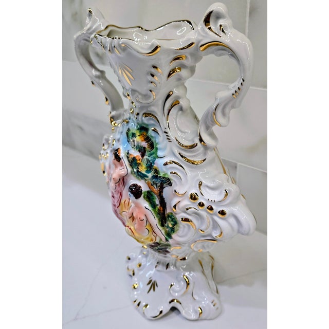 Mid 20th Century Mid-Century Italian Capodimonte Figural Porcelain Urn Vase With Gold Gilt For Sale - Image 5 of 12