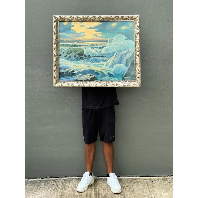 Vintage Seascape Oil Painting on Canvas For Sale - Image 9 of 12