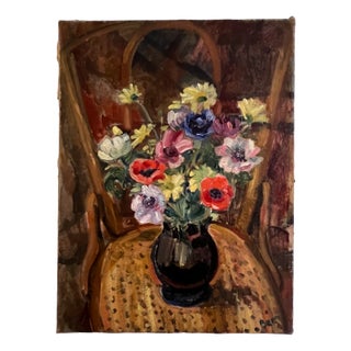 Charles Beer, Bouquet of Flowers in Vase on an Armchair, 1920s, Oil on Canvas For Sale