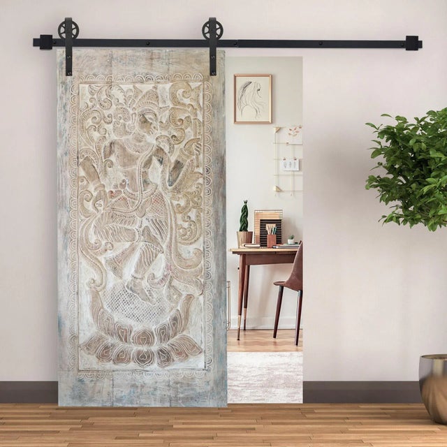 1920s Vintage Krishna Wooden Wall Panel – Hand-Carved Temple Door Art 84x41 For Sale - Image 5 of 5