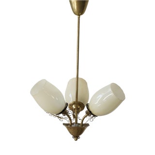 Vintage Three-Arm Chandelier in Brass and Glass by Paavo Tynell for Idman OY, 1940s For Sale
