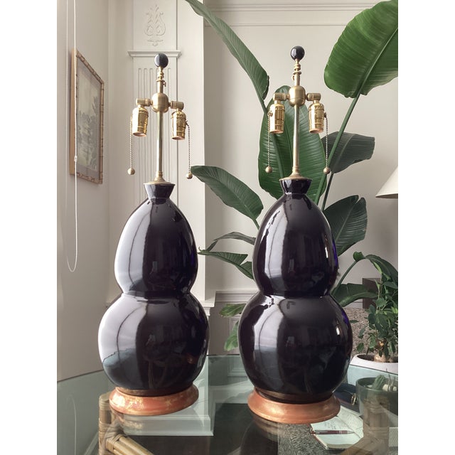 Black Rare Early Signed Christopher Spitzmiller Double Gourd Ceramic Table Lamps, Dated 2004 – Pair For Sale - Image 8 of 9