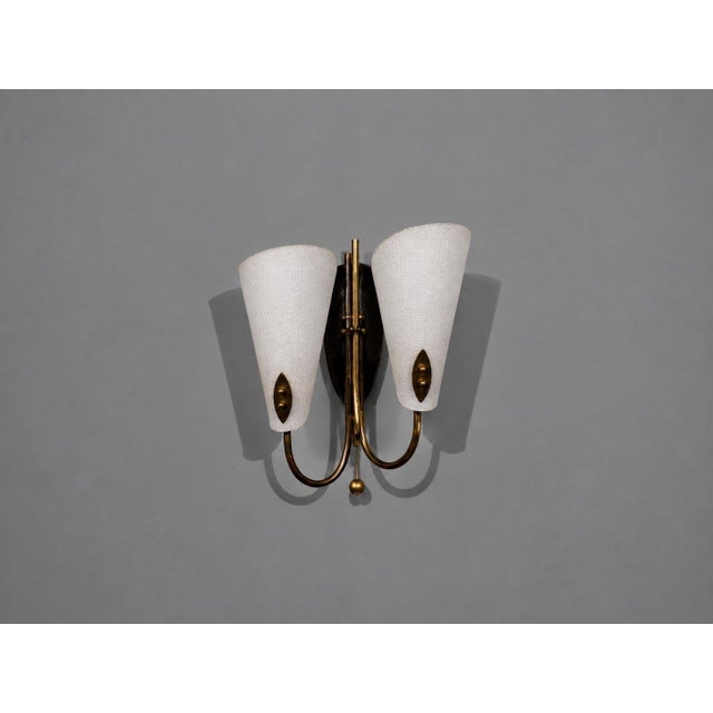 1950s Swedish Modern, Double Wall Sconce, Brass, Textured Glass For Sale - Image 4 of 10