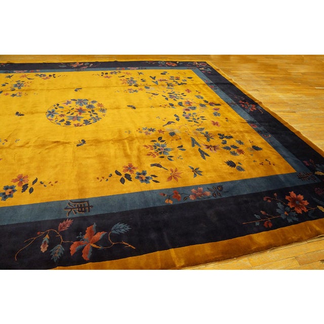 1920s 1920s Yellow Field Open Field Medallion Antique Art Deco Chinese Rug For Sale - Image 5 of 11