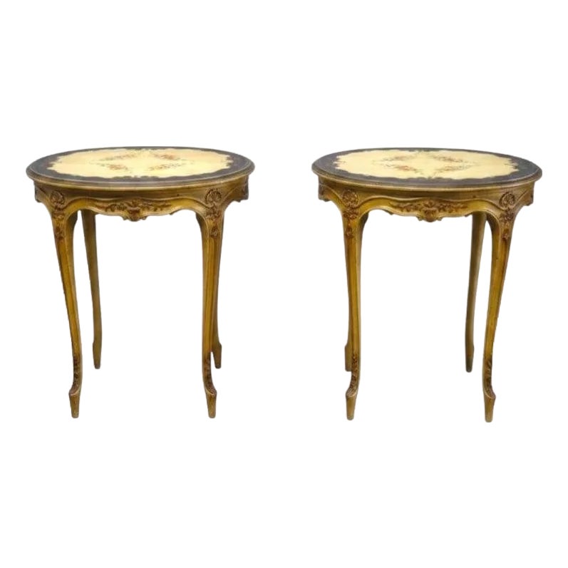 Pair of Antique Grand Rapids French Hand Painted Oval Side Tables