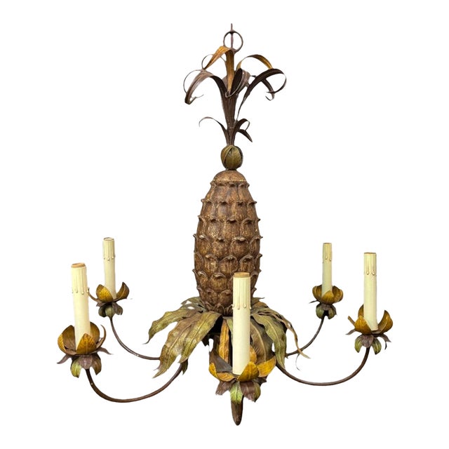 Hollywood Regency Italian Pineapple Painted Tole and Wood Chandelier - 6 Arms For Sale