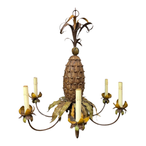 Hollywood Regency Italian Pineapple Painted Tole and Wood Chandelier - 6 Arms