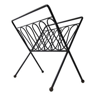 Vintage Magazine Rack in Black Lacquered Steel and Brass from Jean Royère, 1950s For Sale