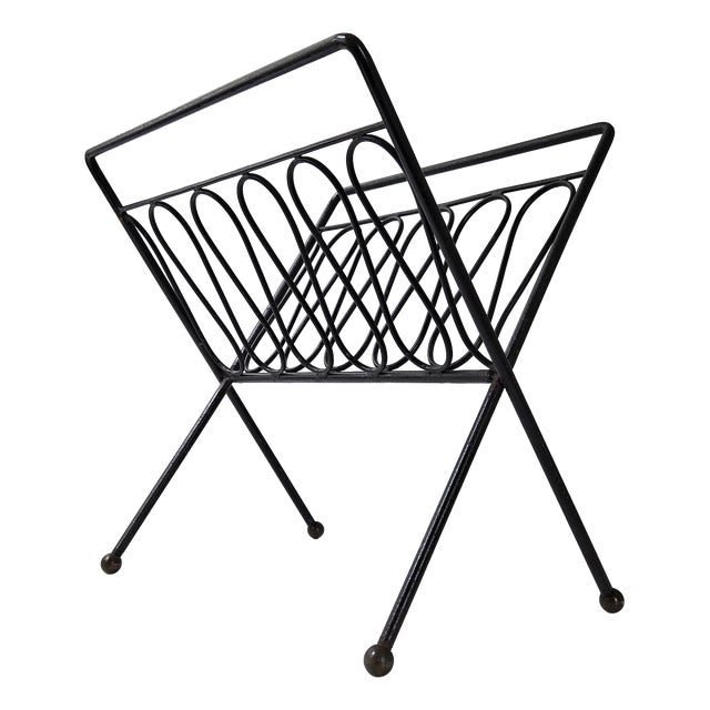 Vintage Magazine Rack in Black Lacquered Steel and Brass from Jean Royère, 1950s For Sale