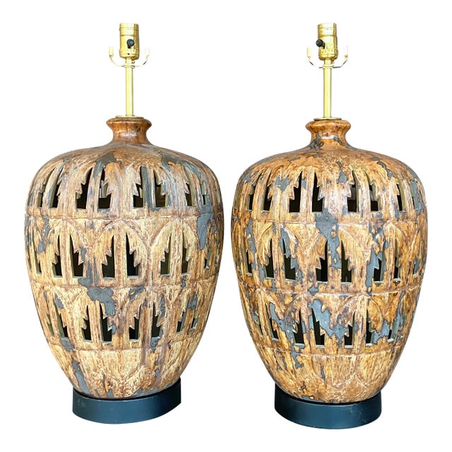Vintage Boho Punch Cut Palm Frond Ceramic Table Lamps - a Pair For Sale