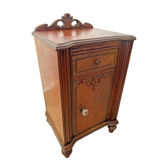 Italian Antique Italian Nightstand Cabinet With Drawer Hand Carved Walnut and Mahogany For Sale - Image 3 of 13