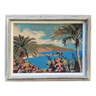 Vintage Framed Tropical Needlepoint Coastal Landscape With Weathered Frame For Sale