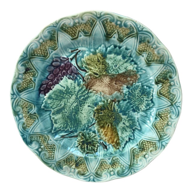 C.1900 French Majolica Leaves & Grapes Plate Onnaing For Sale