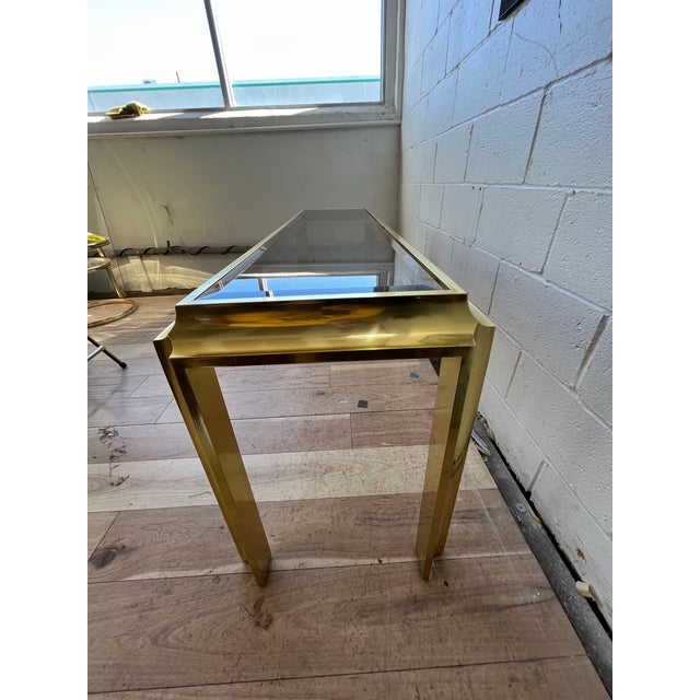 1970s Sculptural Brass-Tone Aluminum and Smoked Glass Console Table For Sale - Image 9 of 9