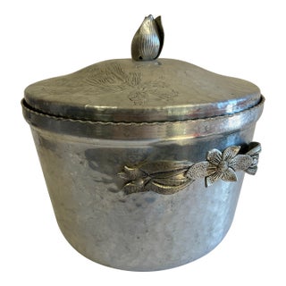 Vintage Hammered Aluminum Lidded Ice Bucket With Floral Details For Sale