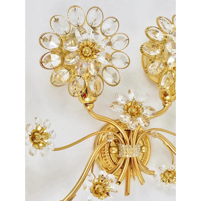 Large Gilt Brass & Crystals Flower Wall Light from Palwa, 1970s For Sale - Image 12 of 15