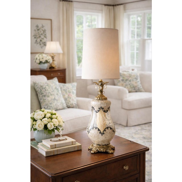 Stately 1950s Hollywood Regency Gilt & Hand-Decorated Glass Table Lamp — Elaine R. Estate For Sale - Image 4 of 7