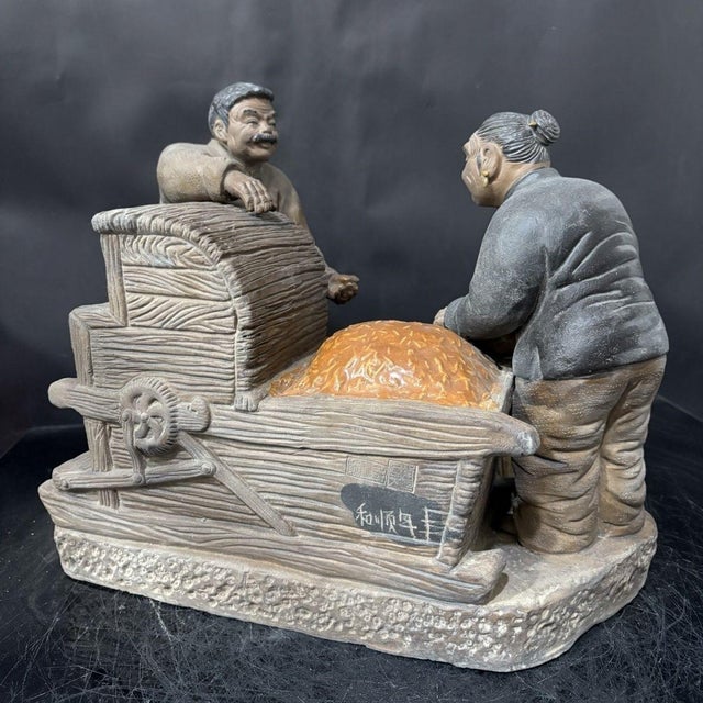 Ceramic Vintage Chinese Shiwan Ware Hand Sculpted Elder Couple Bountiful Harvest Ceramic Figurine Group For Sale - Image 7 of 8