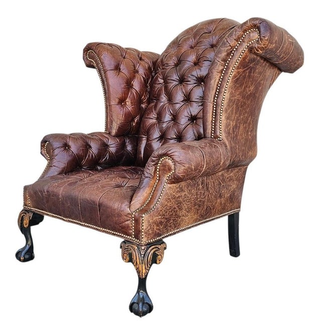 Attributed to Old Hickory Tannery Style Leather Wingback Tufted Chair For Sale - Image 14 of 18