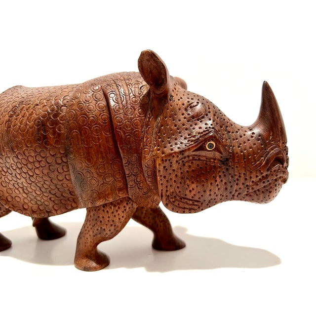 1970s Set of 3 Hand-Carved Solid Wood Rhinoceros Sculptures, Textured Hide, Inlaid Teeth and Toenails For Sale - Image 16 of 18