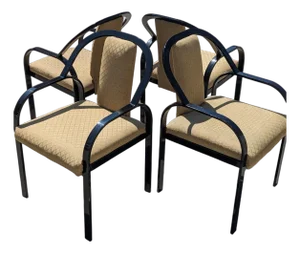 Set of Four Postmodern Black Lacquered Metal Dining Chairs, 1980s, Mid-Century