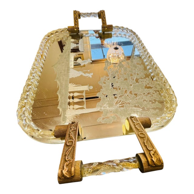 Vintage Etched Glass Vanity & Serving Tray With Twisted Glass Handles For Sale - Image 4 of 5