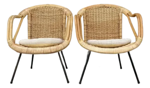 Mid-Century Modern Rattan & Wrought Iron Basket Hoop Chairs (Pair)
