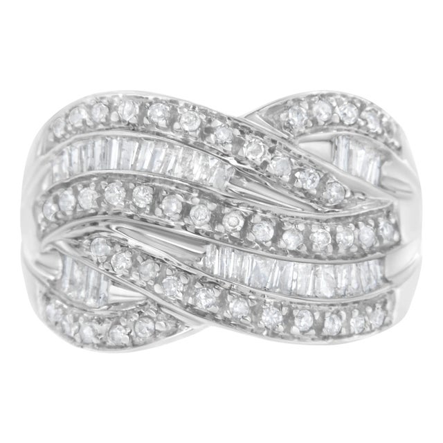 .925 Sterling Silver 1.0 Cttw Channel Set Alternating Round and Baguette Diamond Cross-over Bypass Ring Band - Size 6 For Sale