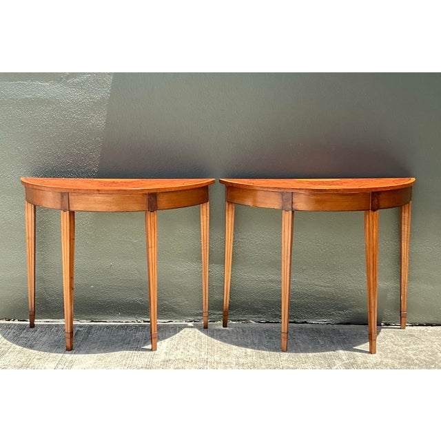 Vintage Regency Sunburst Burl Wood Demilune Tables - A Pair For Sale In West Palm - Image 6 of 12
