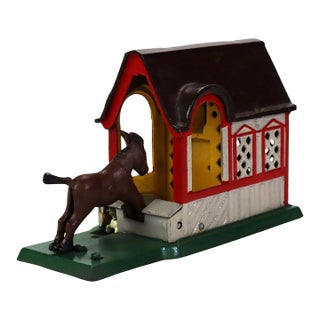 Vintage Copy of James D. Capron Collection Mechanical Bank, Mule & Barn, 20thC For Sale