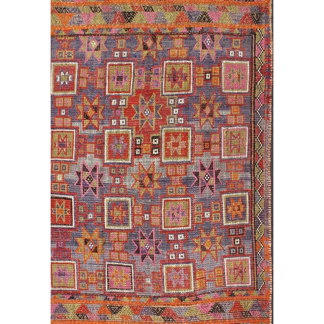Tribal Mid 20th Century Mid 20th Century Vintage Embroidered Flat Weave Kilim Rug With Geometrics and Squared Design For Sale - Image 3 of 13