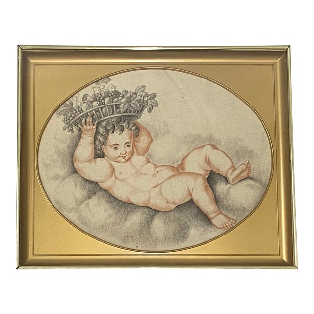 Early 19th Century French Graphite Drawing "New Year Baby" With Basket of Fruit C.1820 For Sale