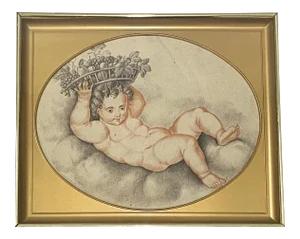 Early 19th Century French Graphite Drawing "New Year Baby" With Basket of Fruit C.1820