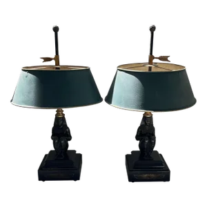Antique 19th Century Egyptian Revival Bronze Pharaoh Bouillotte Lamps With Green Tole Shades - a Pair