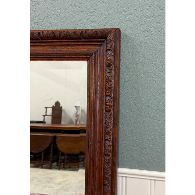 Antique French Mirror Over Mantel Large Rectangular Oak Carved Beveled c.1930 For Sale - Image 13 of 17