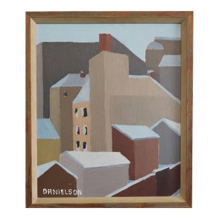 Mid-Century Modern 'Winter Rooftops' Vintage Swedish Abstract Cityscape Oil Painting, Framed For Sale
