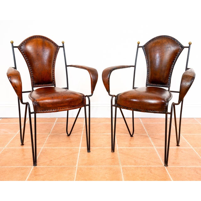 Mid-Century Modern Sculptural Leather Armchair in Iron and Brass from Jacques Adnet, 1950s For Sale - Image 11 of 18
