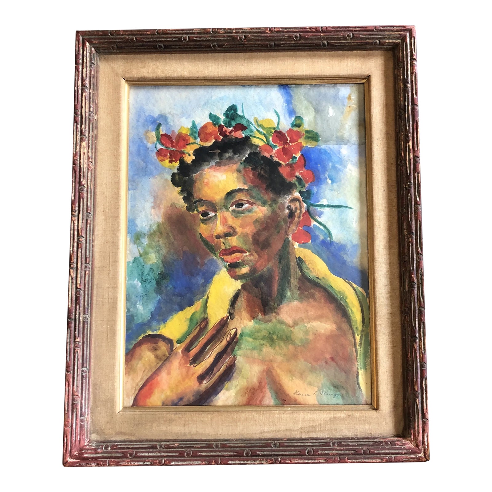 Original Vintage Mid Century Modern Female Watercolor Portrait Painting ...