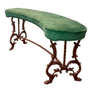 Vintage Mid Century Green Velvet Curved Iron Bench For Sale