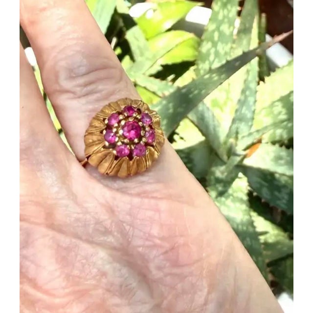 Metal 14k Gold Ruby Cluster Cocktail Ring Vintage For Sale - Image 7 of 8