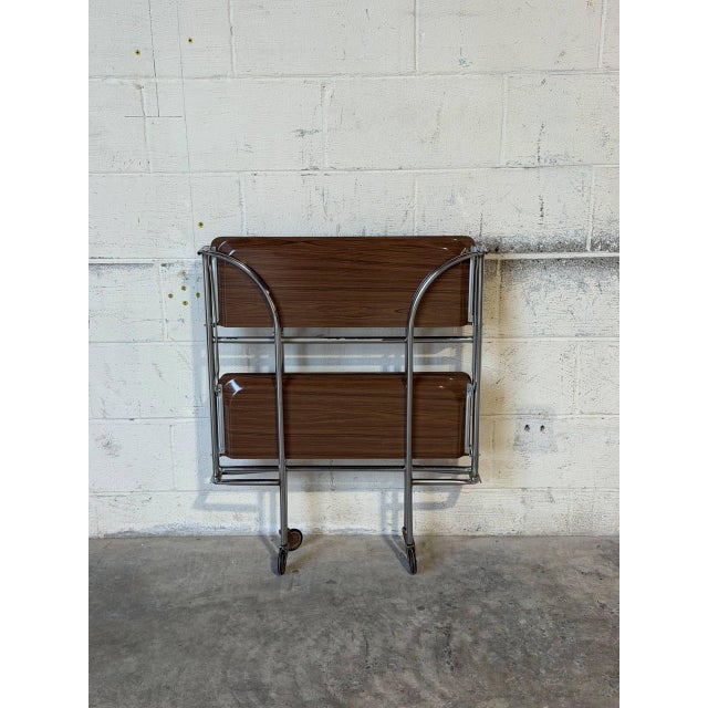1970s Chrome Folding Rolling Bar Cart With Wood Grain Trays Mid-Century Modern 1970s For Sale - Image 5 of 10