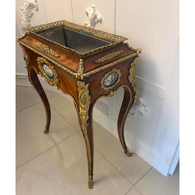 Antique French Victorian Ormolu Mounted Kingwood Jardiniere Stand with Porcelain Plaque, 1860 For Sale - Image 6 of 17